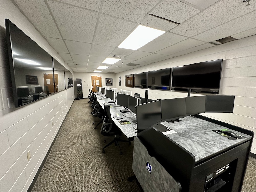 A classroom filled with computers