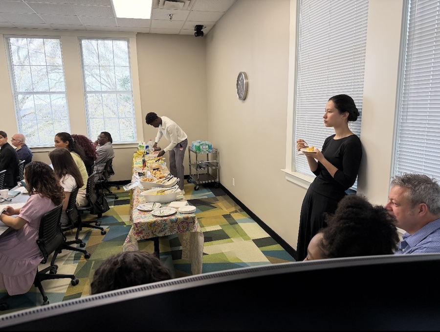 Listening to the good speaker.