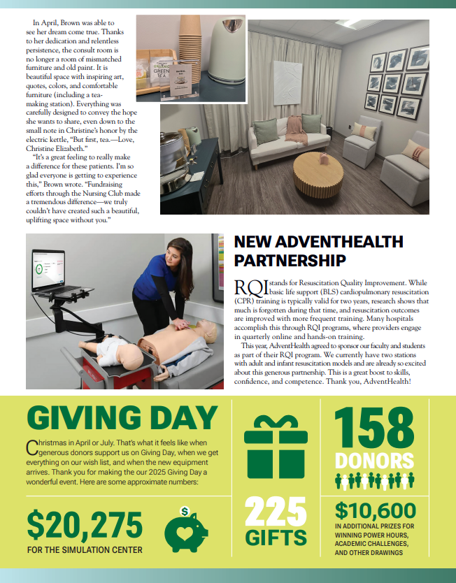 Page 2 of the Summer 2025 Newsletter: New AdventHealth Partnership and Giving Day Stats