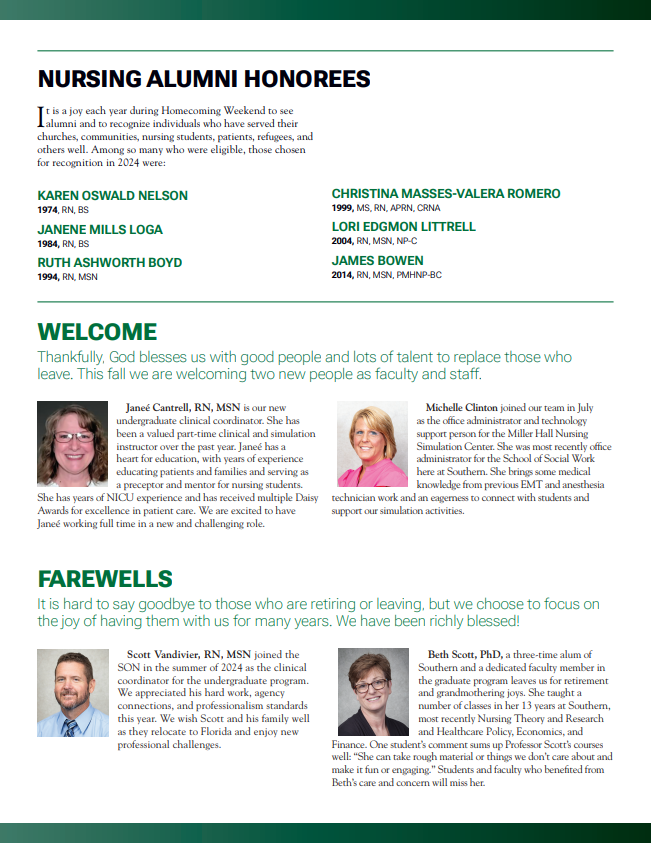 Page 5 of Summer 2025 Newsletter: Nursing Alumni Honorees and Welcome and Farewells