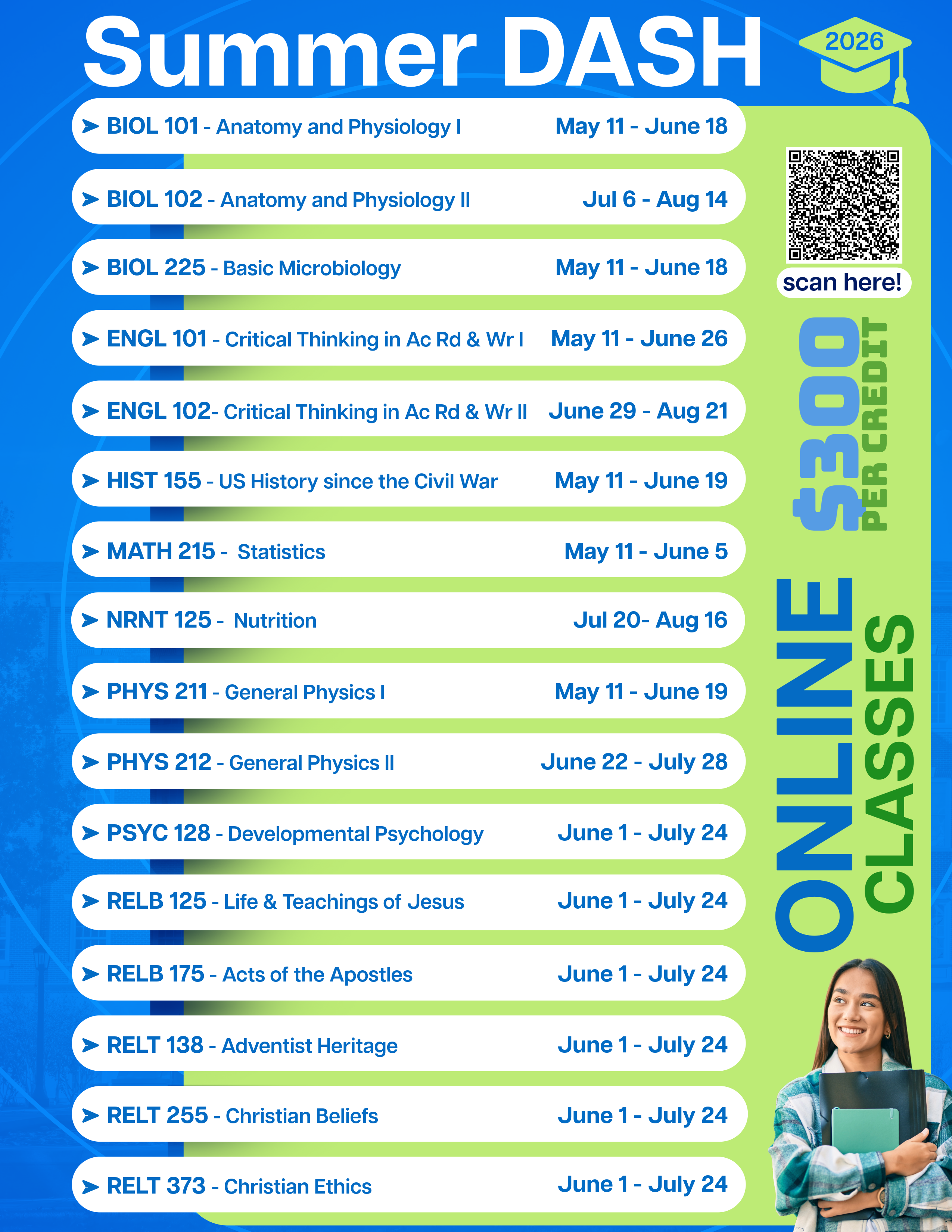 Summer 2026 Dash options and information. See Southern's course schedule for more information.