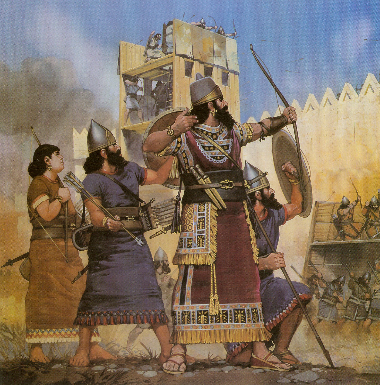 An illustration of Sennacherib and his soldiers besieging a city.