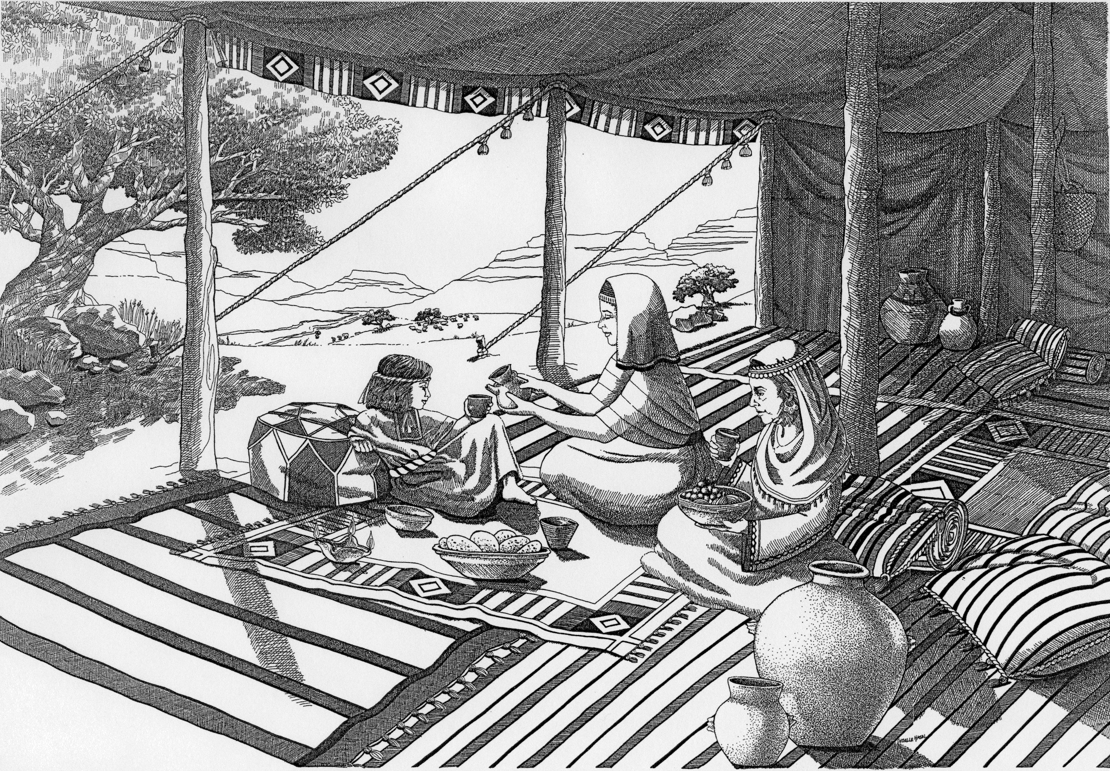 A cross-hatch drawing of a nomadic family enjoying a meal at their camp.