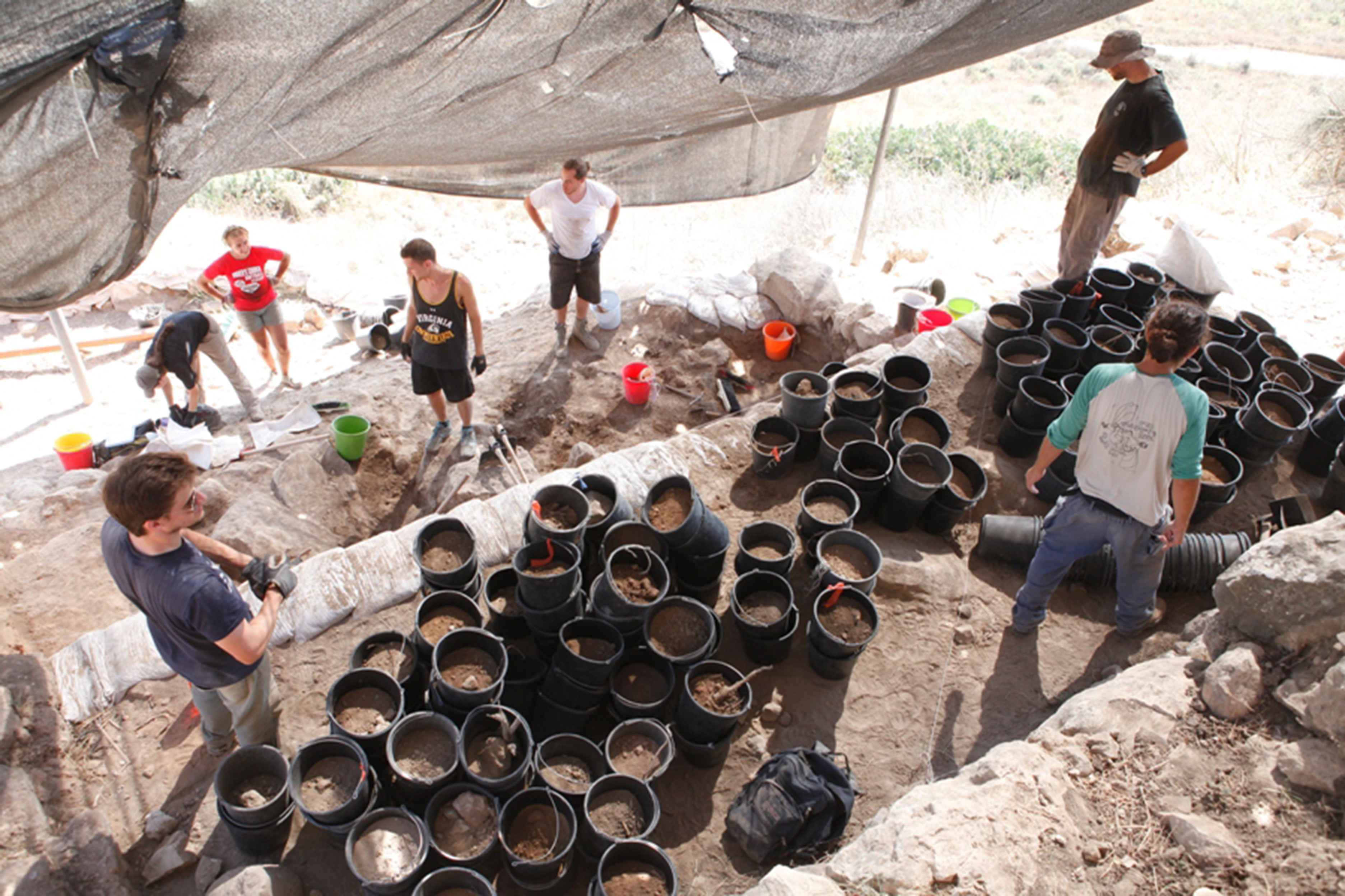 people organizing buckets