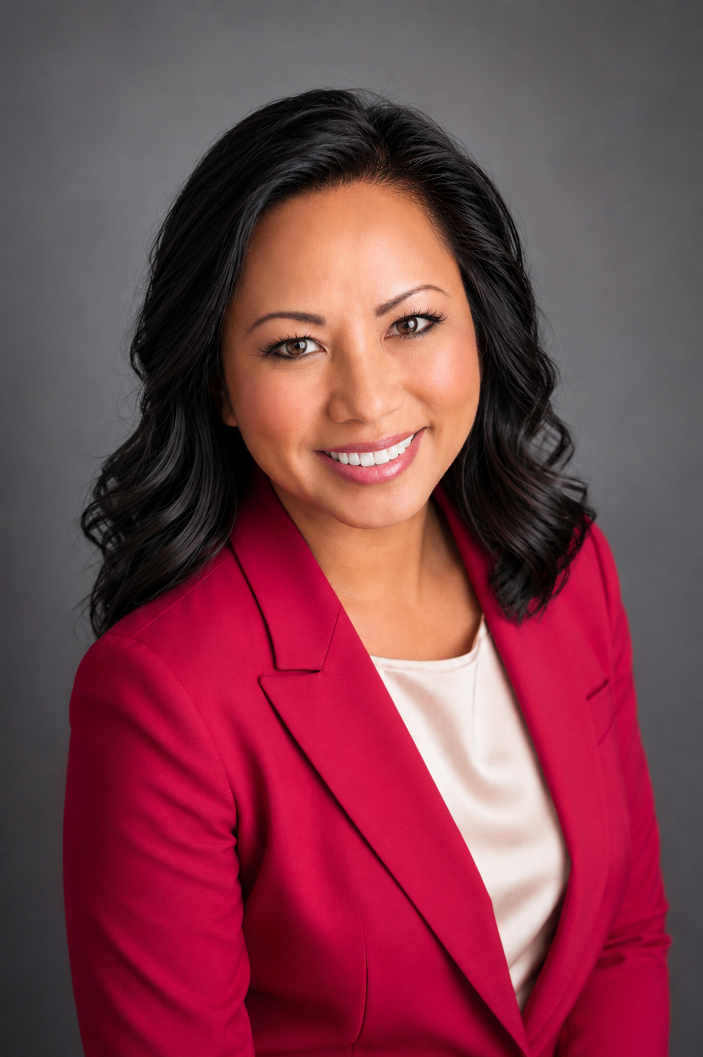 An professional portrait of Loni wearing a coral suit with a light grey background. 