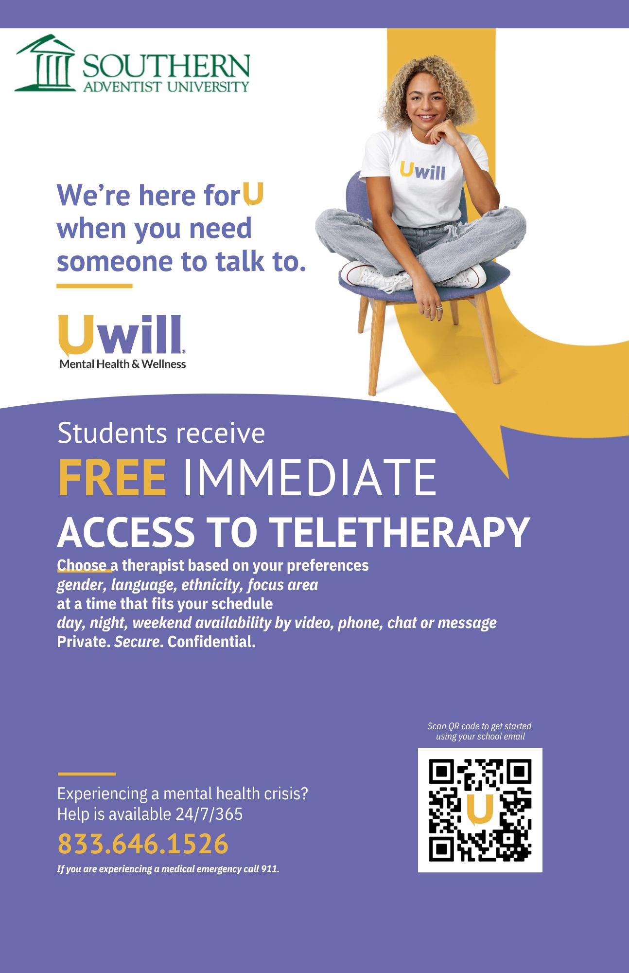 A flyer with the information for uWill online therapy services