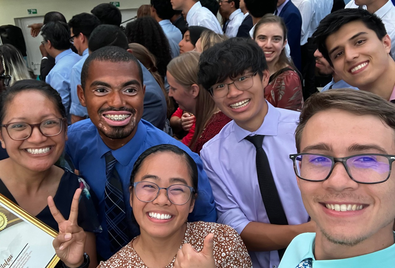 Stephens (front right) participates in a mission trip with friends.